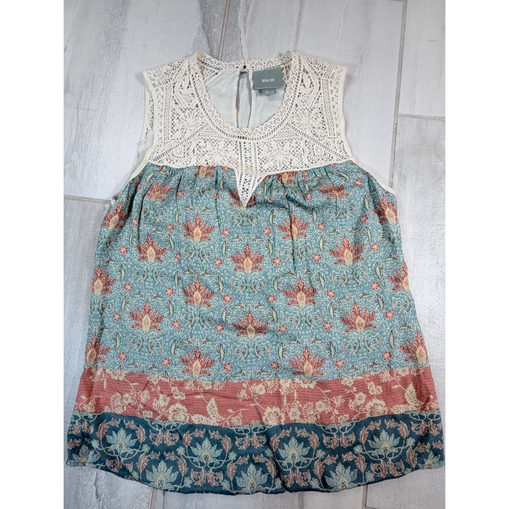 Maeve Anthropologie Boho Floral Crochet Lace Sleeveless Blouse Medium Blue Pink